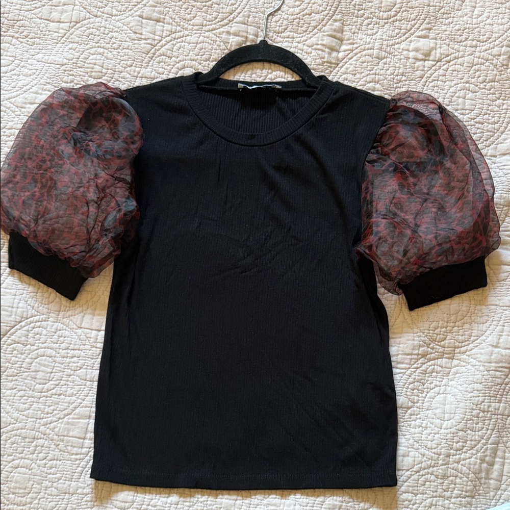 Zara Black Blouse with Red Puff Sleeves